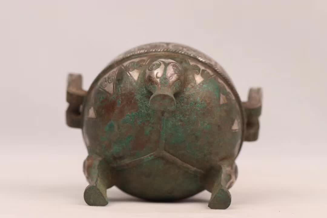 汉代青铜错金银双耳三足鼎「旧藏」高6.0cm耳距7.7cm腹径6.2cm