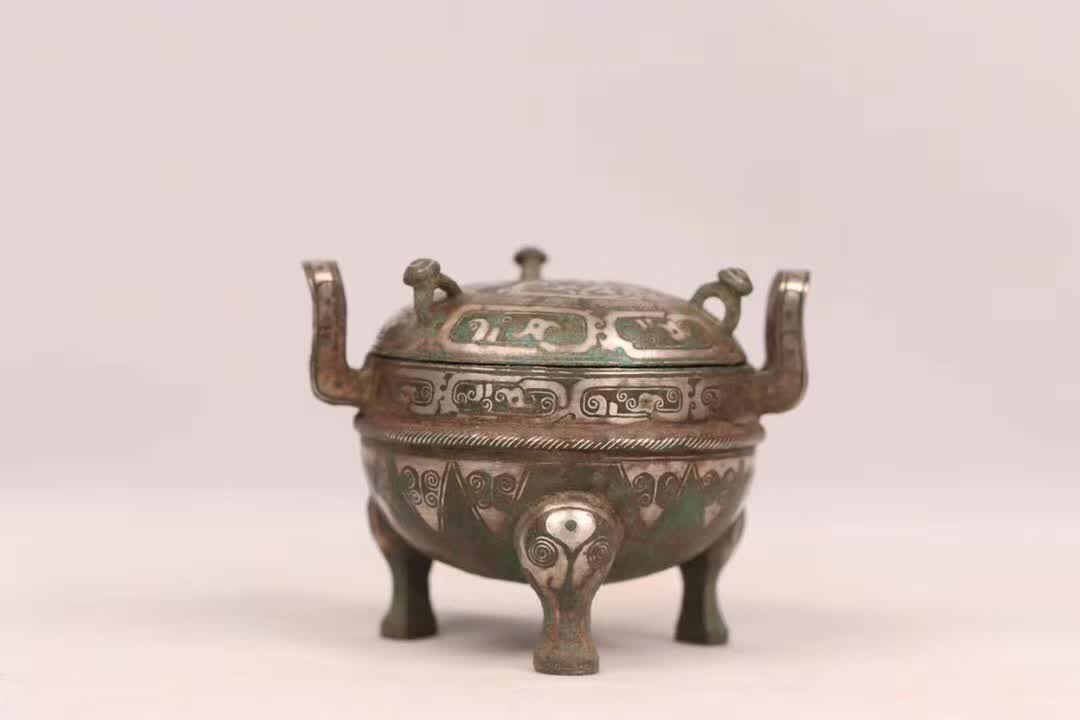 汉代青铜错金银双耳三足鼎「旧藏」高6.0cm耳距7.7cm腹径6.2cm