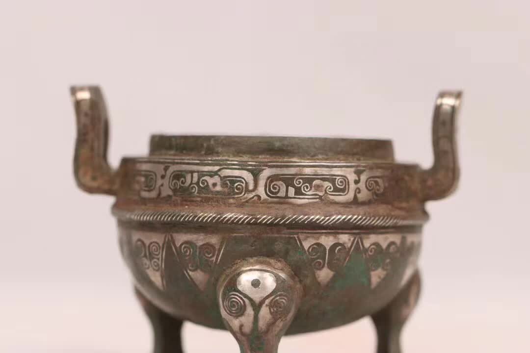 汉代青铜错金银双耳三足鼎「旧藏」高6.0cm耳距7.7cm腹径6.2cm