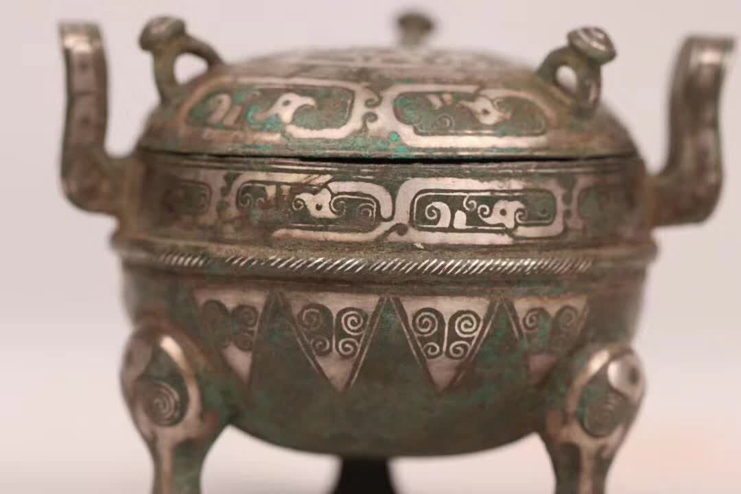 汉代青铜错金银双耳三足鼎「旧藏」高6.0cm耳距7.7cm腹径6.2cm
