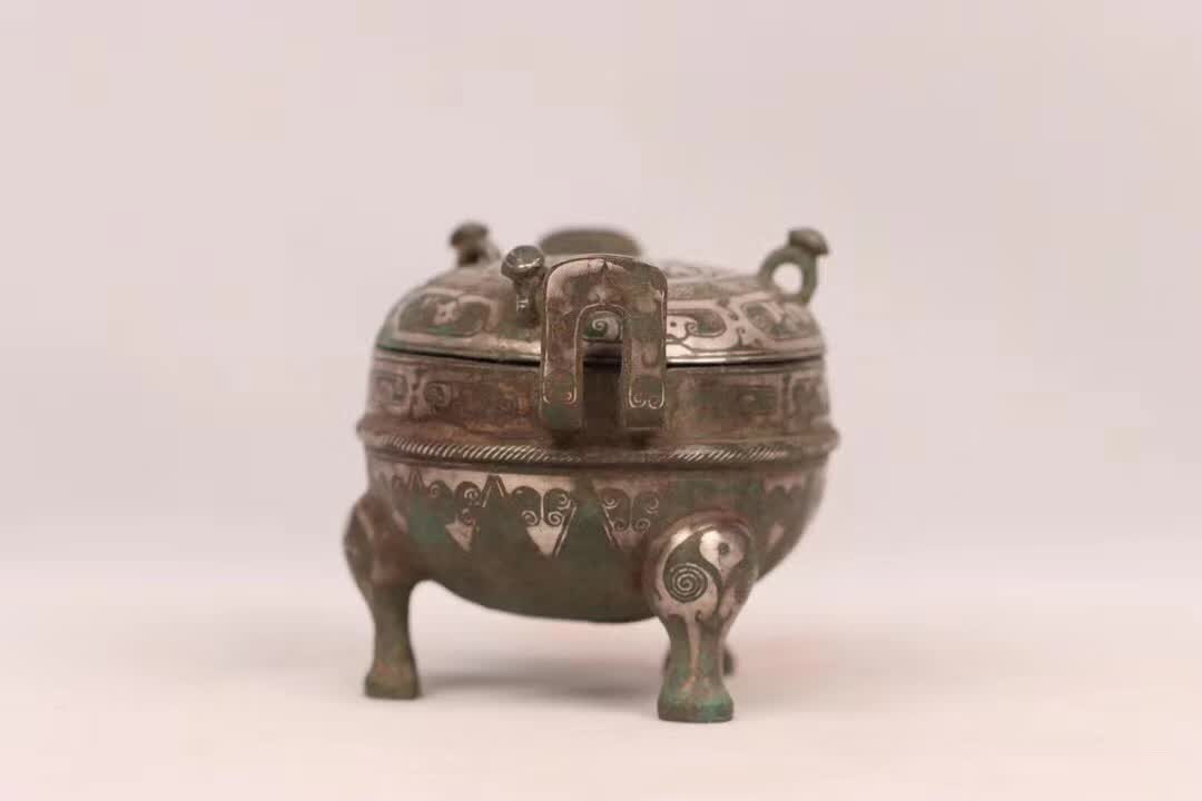 汉代青铜错金银双耳三足鼎「旧藏」高6.0cm耳距7.7cm腹径6.2cm