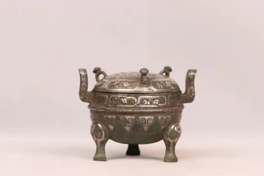 汉代青铜错金银双耳三足鼎「旧藏」高6.0cm耳距7.7cm腹径6.2cm