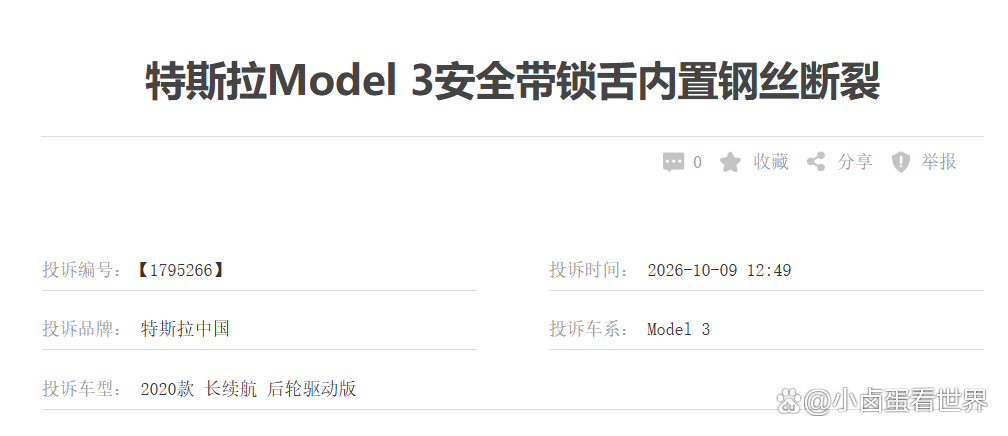 特斯拉安全带问题投诉不少见
