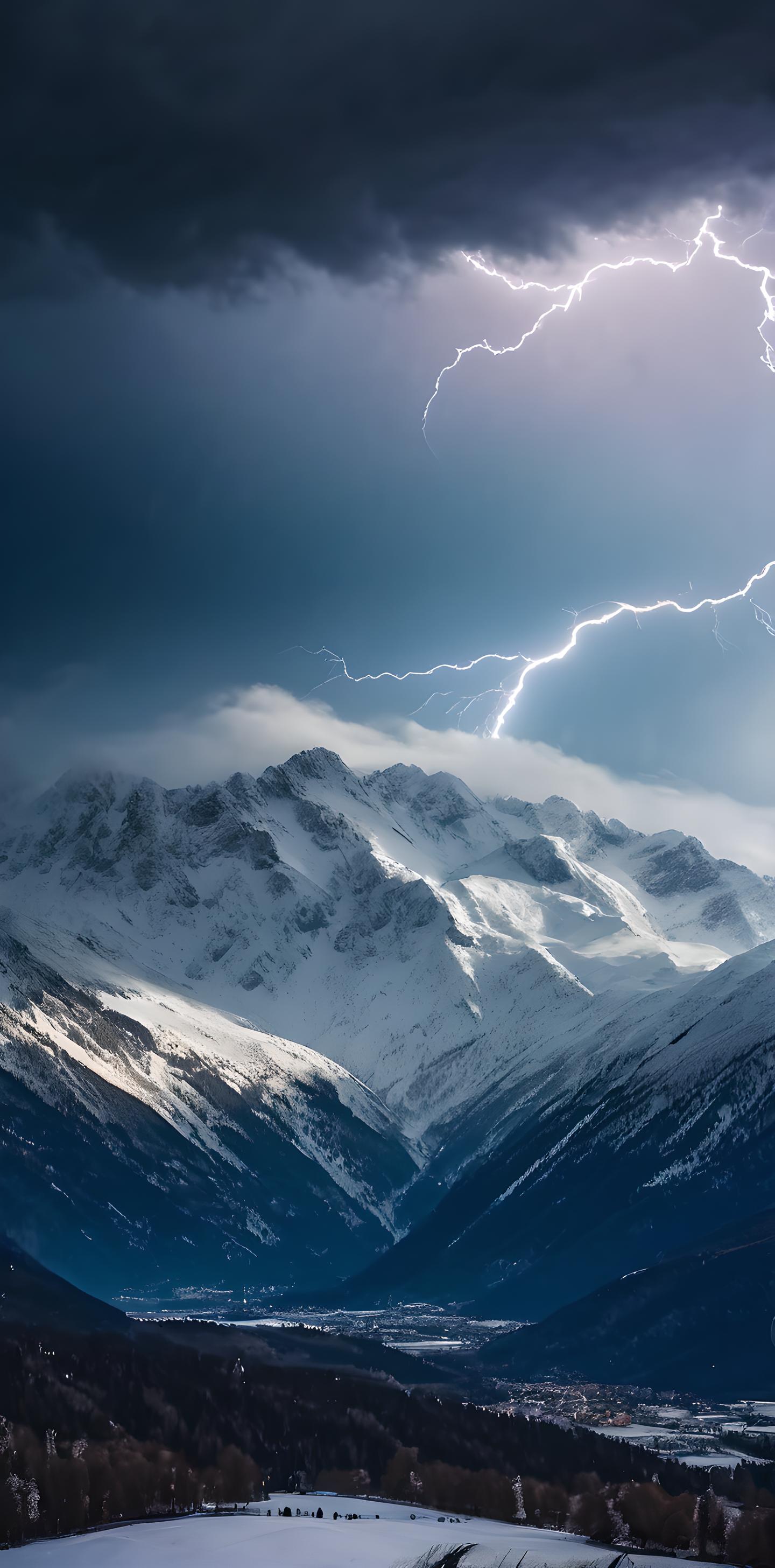 壁纸赏析Ⅶ:夕阳斜照金山巅,闪电龙腾跃雪山