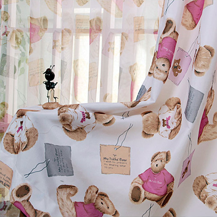 泰迪熊儿童窗帘定制浅绿色紫红色涤棉印花海南海口古素雅布艺店师傅