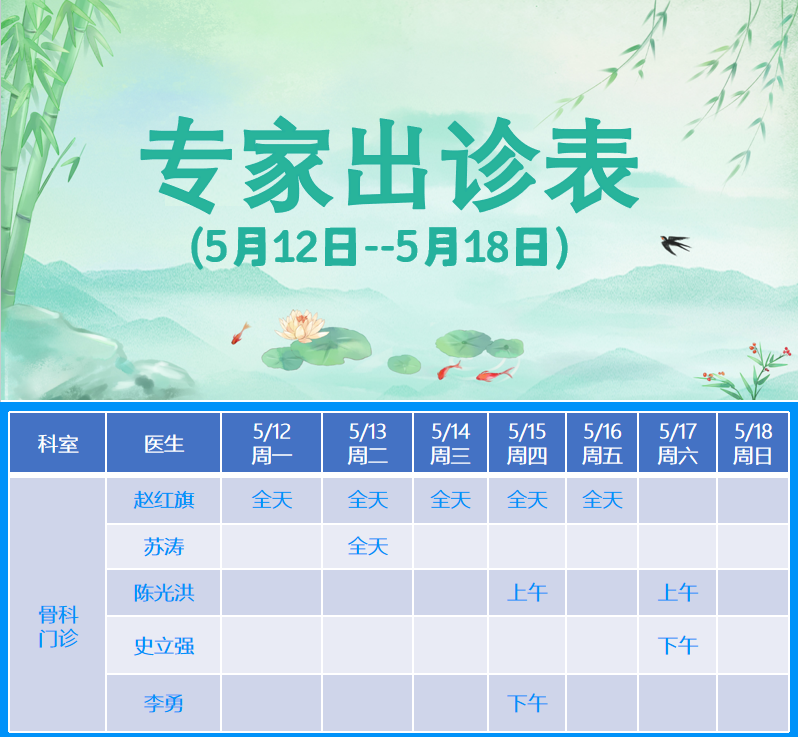 5月12日-5月18日北京年轮中医骨科医院医生出诊表!