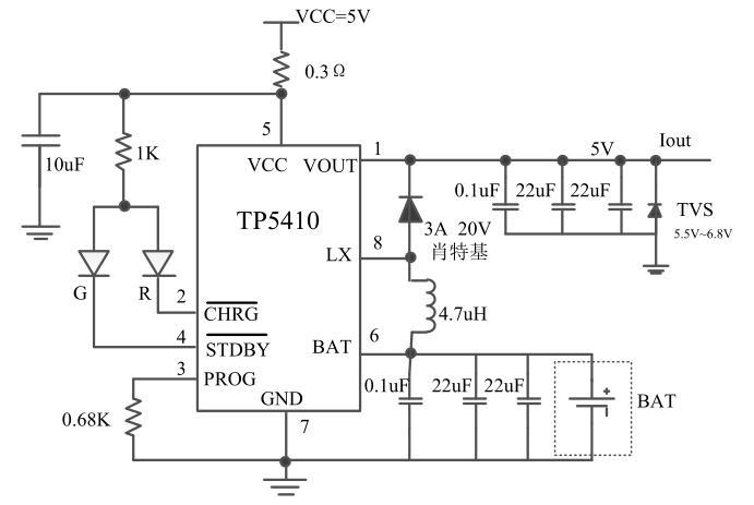 tp5410 1a 锂电池充电和 5v/1a 升压控制芯片