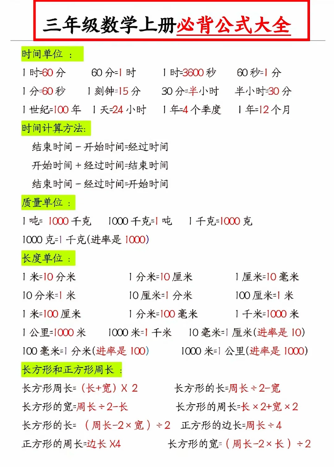 三年级上册必背数学公式