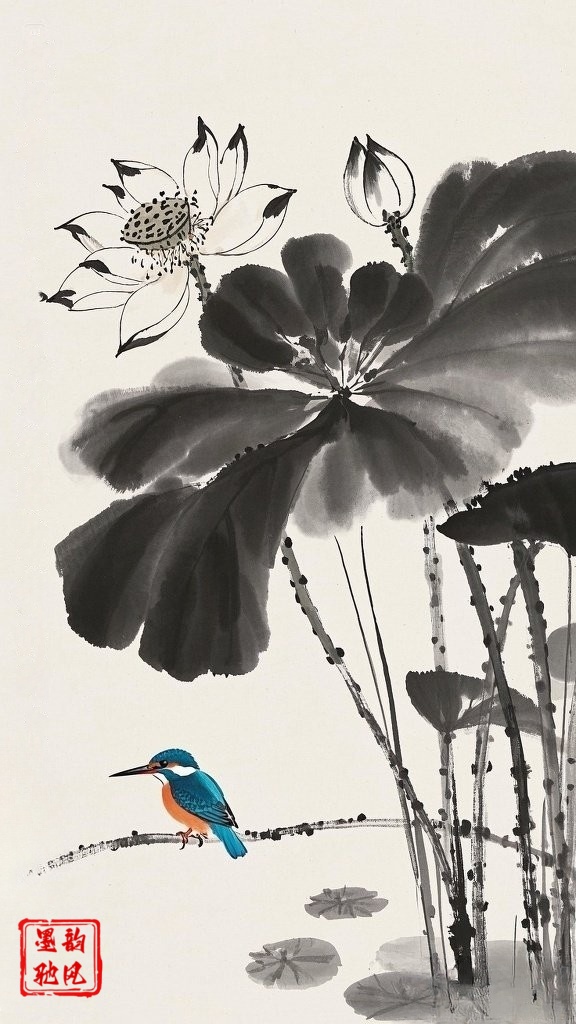 墨色荷花翠鸟