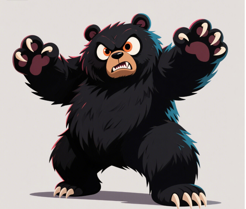 主体是卡通风格的暴力熊,体型壮硕,全身覆盖着黑色的毛发,爪子锋利