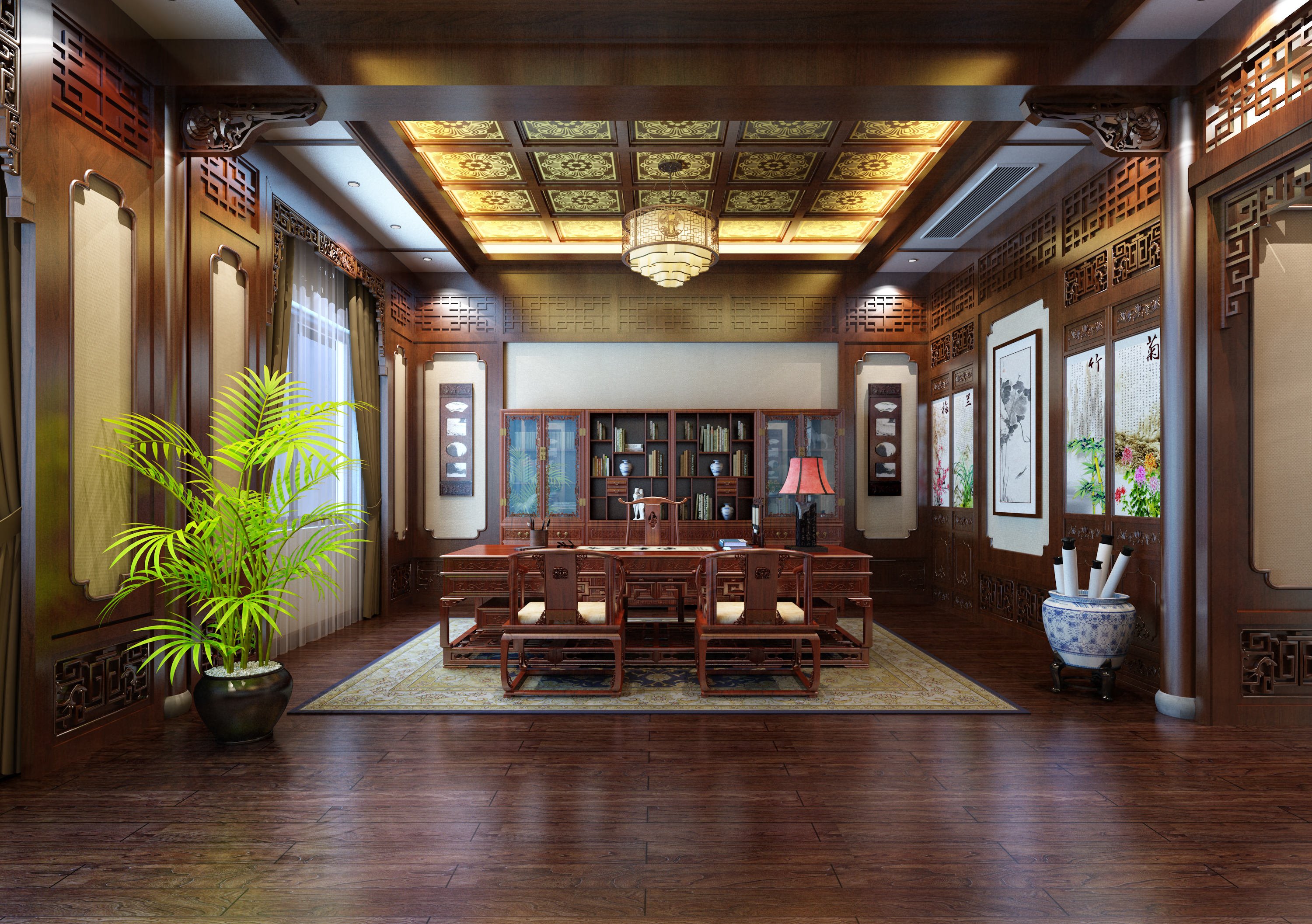 办公室中式设计,红木家具搭配实木地板,高级感爆棚