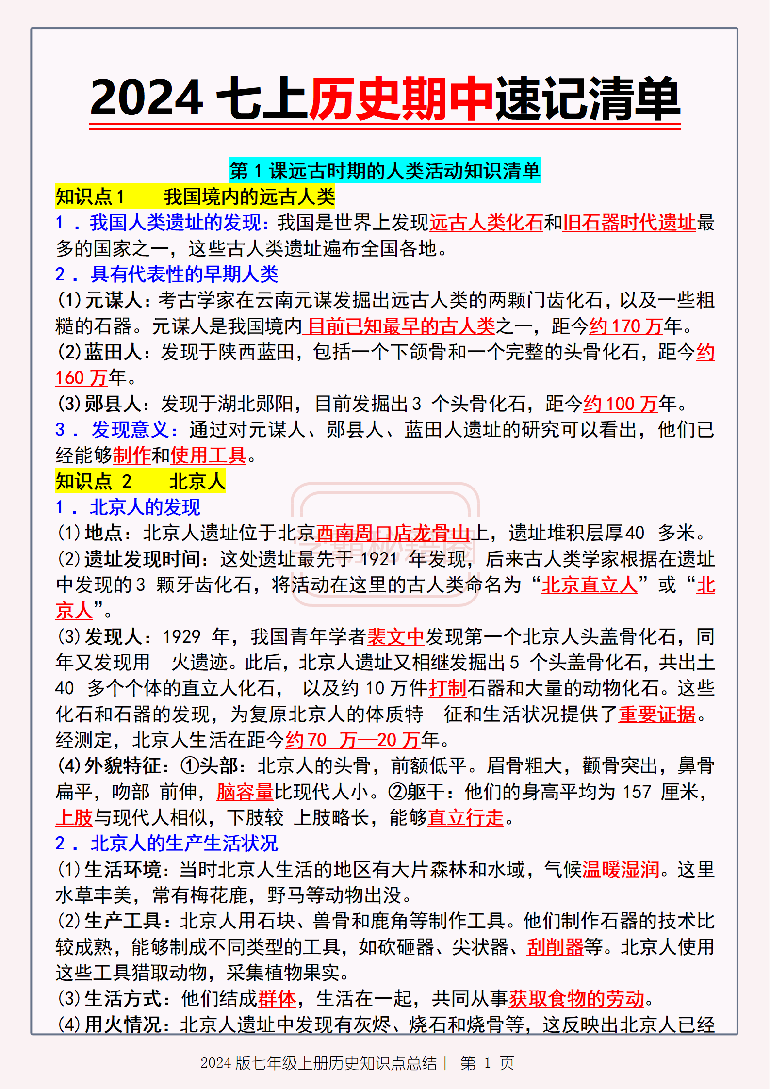 重点包括元谋人,蓝田人,郧县人,北京人和山顶洞人等古人类的介绍,以及