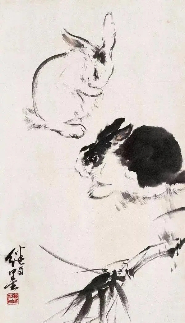 一组国画里的可爱兔子