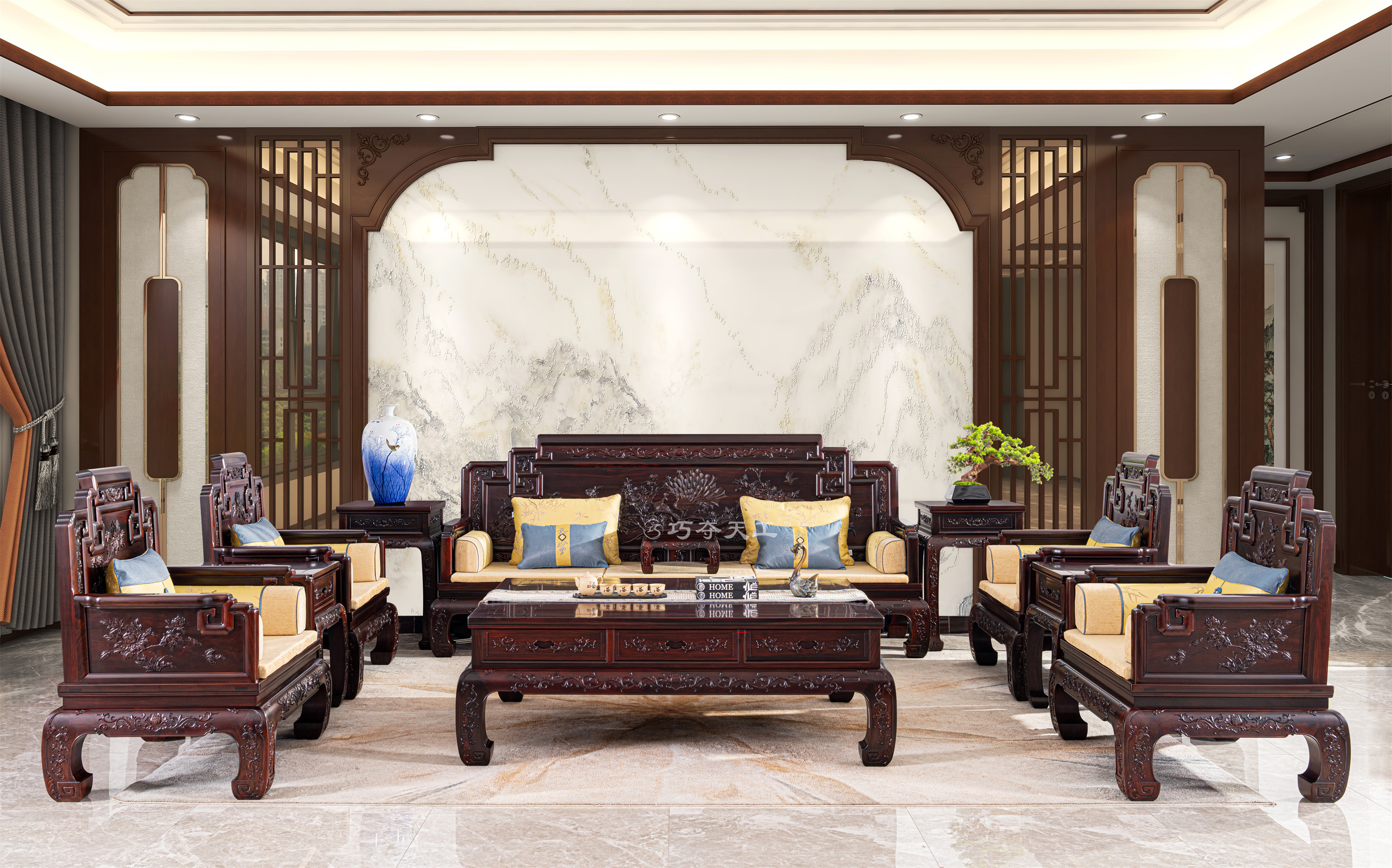 古典中式风:雕花实木沙发配青瓷摆件,吊顶嵌回纹,每处细节都藏着古韵