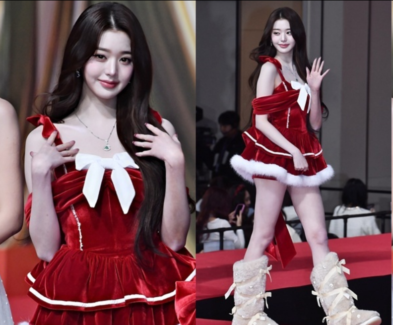 “人间圣诞女神”张元英：红色丝绒裙尽显财阀千金感，逆天长腿惊艳全场