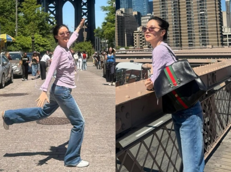 53岁李英氧气感绝了！纽约街头随性大片，穿牛仔裤飞起满屏少女感