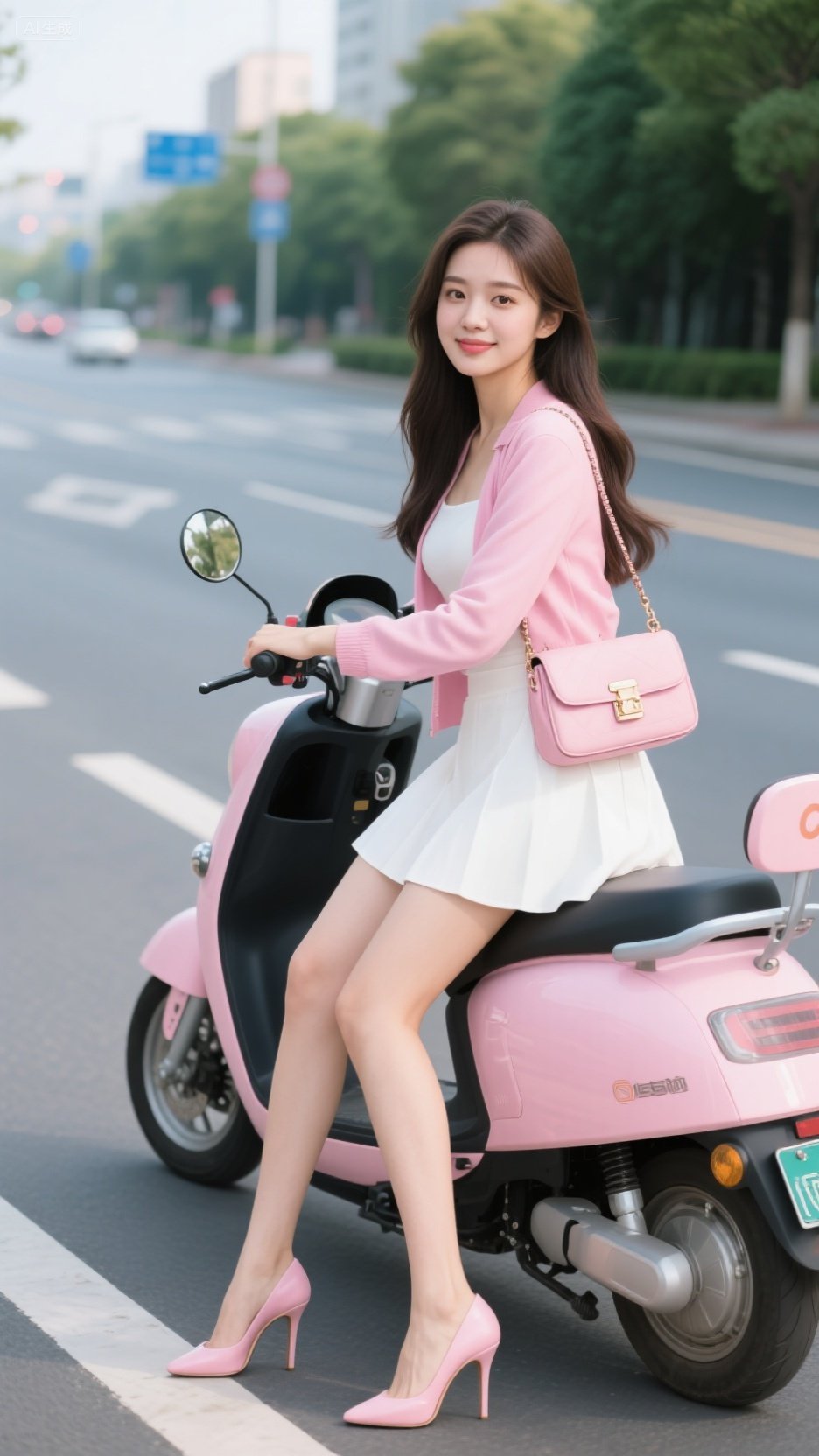 粉外套撞白裙的心动:长发美女骑电动车,风拂过的瞬间满是清新感