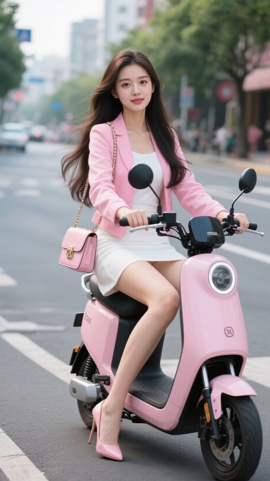 粉外套撞白裙的心动:长发美女骑电动车,风拂过的瞬间满是清新感