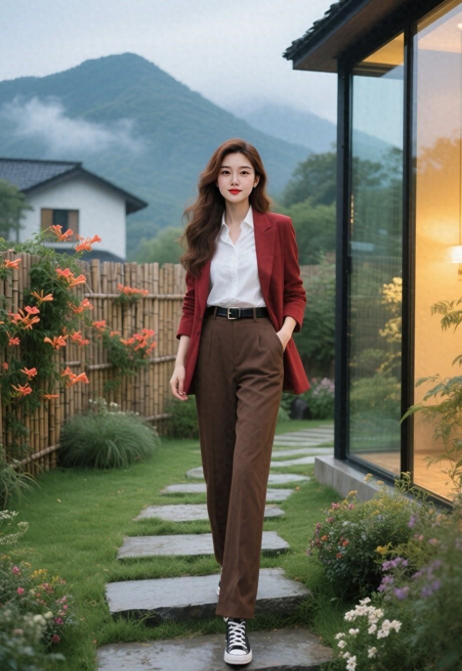 酒红西装配帆布鞋,通勤还能这么出彩?