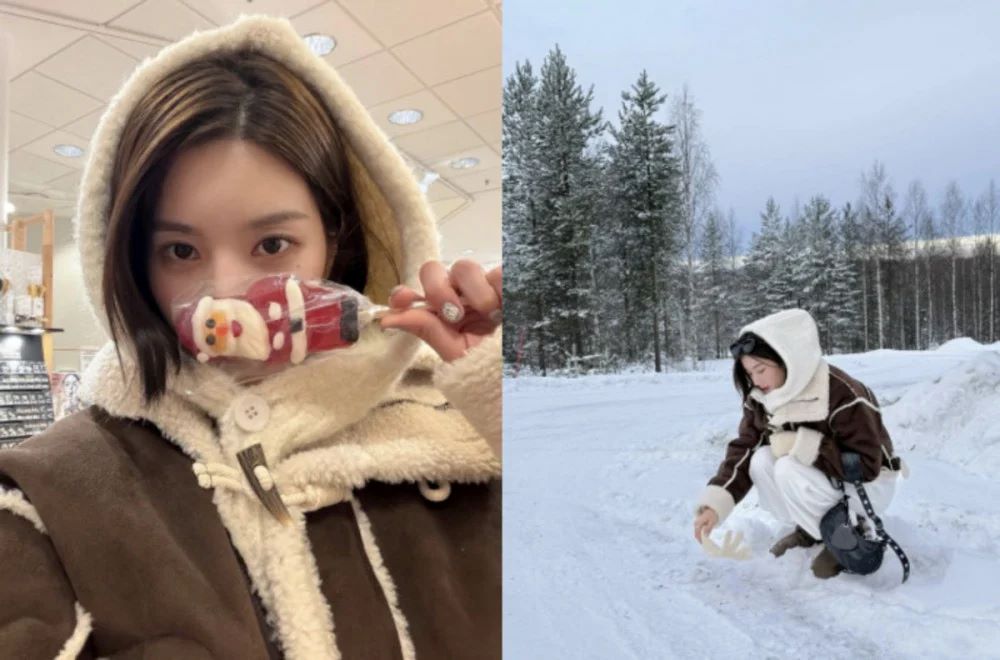 权恩妃分享芬兰圣诞老人村的旅行照片,如同冬日精灵一样