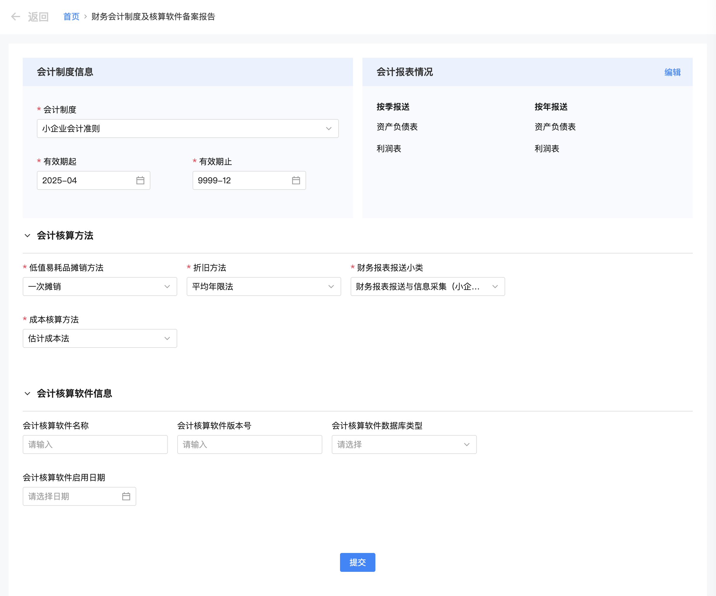 财务会计制度及核算软件备案报告填写页面