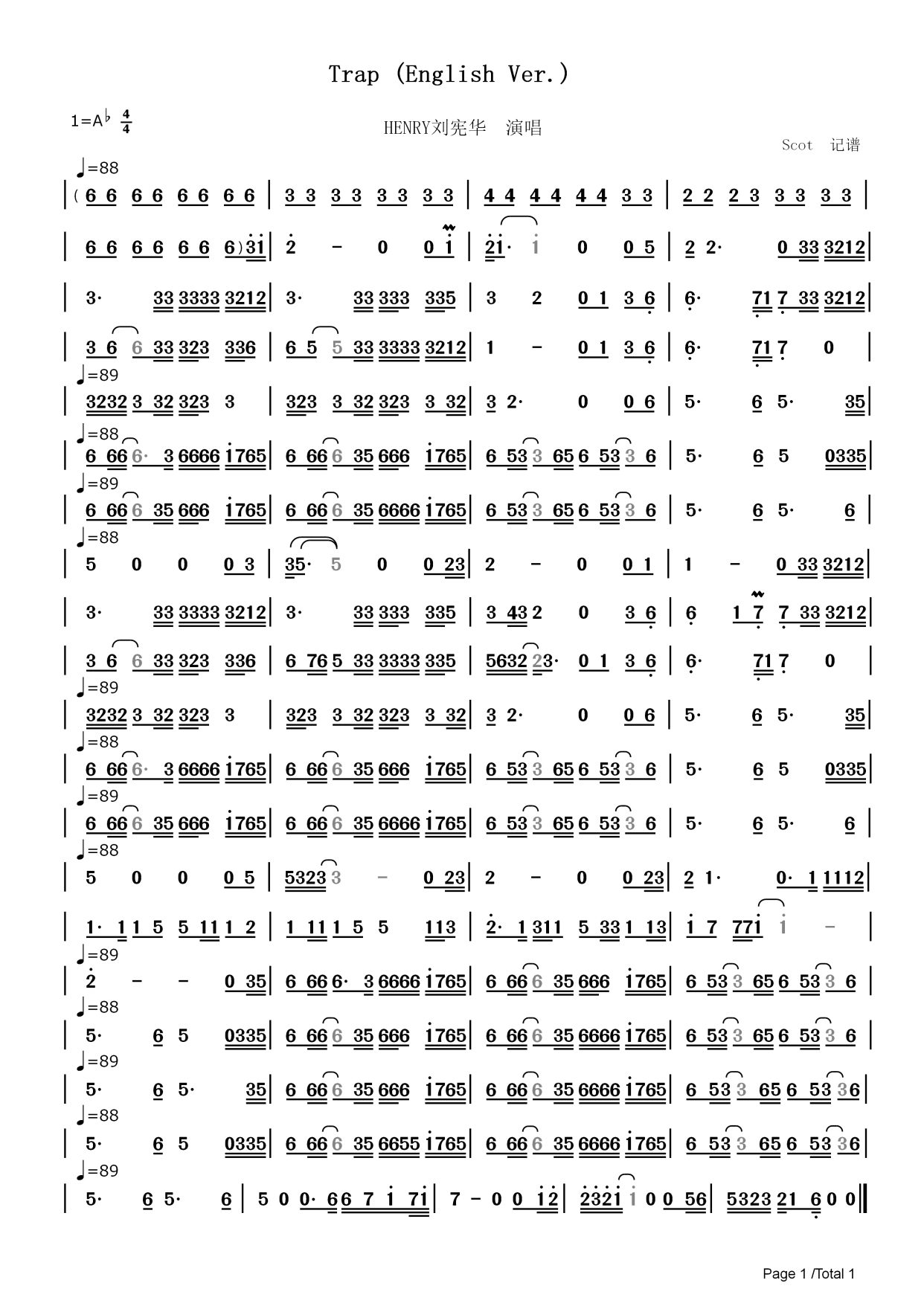 「歌曲」trap (english ver.) - henry刘宪华演唱——动态简谱