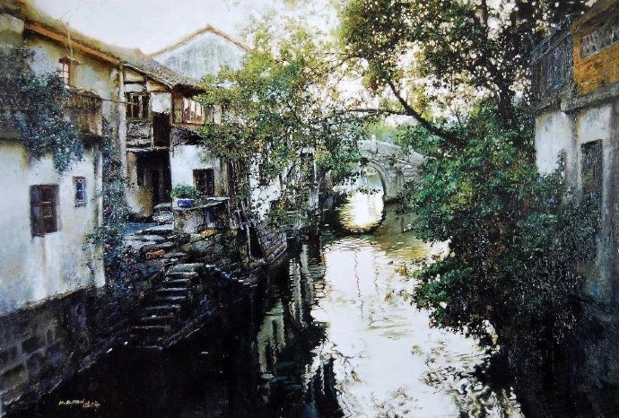 —中国当代画家潘鸿海江南水乡风景油画作品