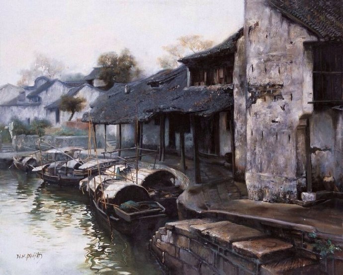 —中国当代画家潘鸿海江南水乡风景油画作品