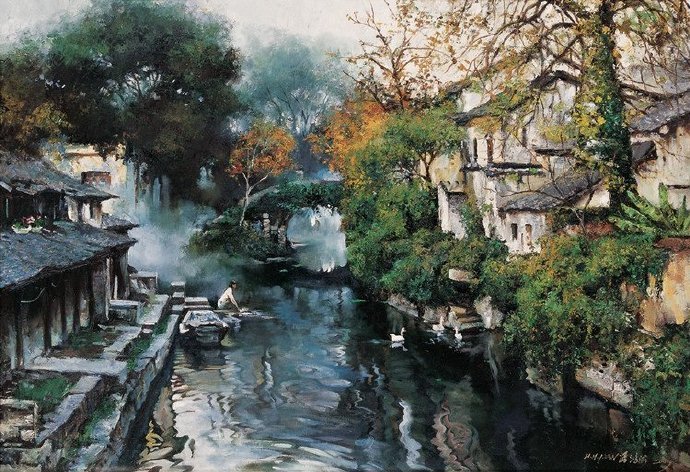 —中国当代画家潘鸿海江南水乡风景油画作品