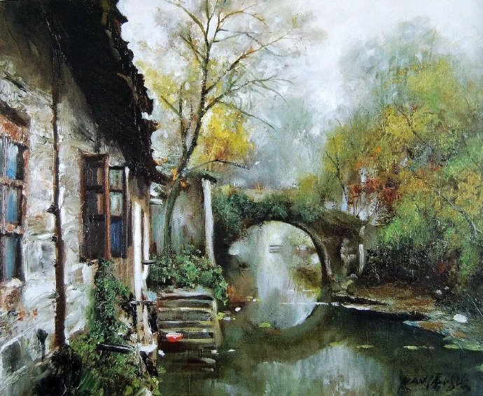 —中国当代画家潘鸿海江南水乡风景油画作品