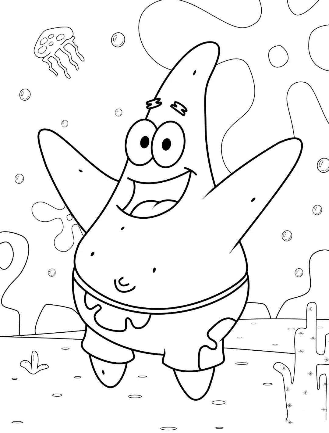 萌趣海绵宝宝黑白线稿,宝妈必备的亲子涂色小帮手
