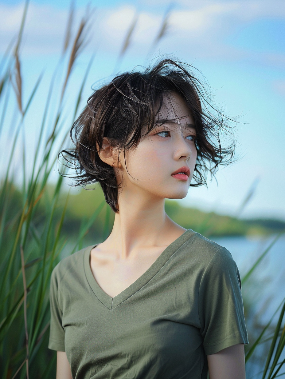 美女模特湖畔摄影-(短发之美)