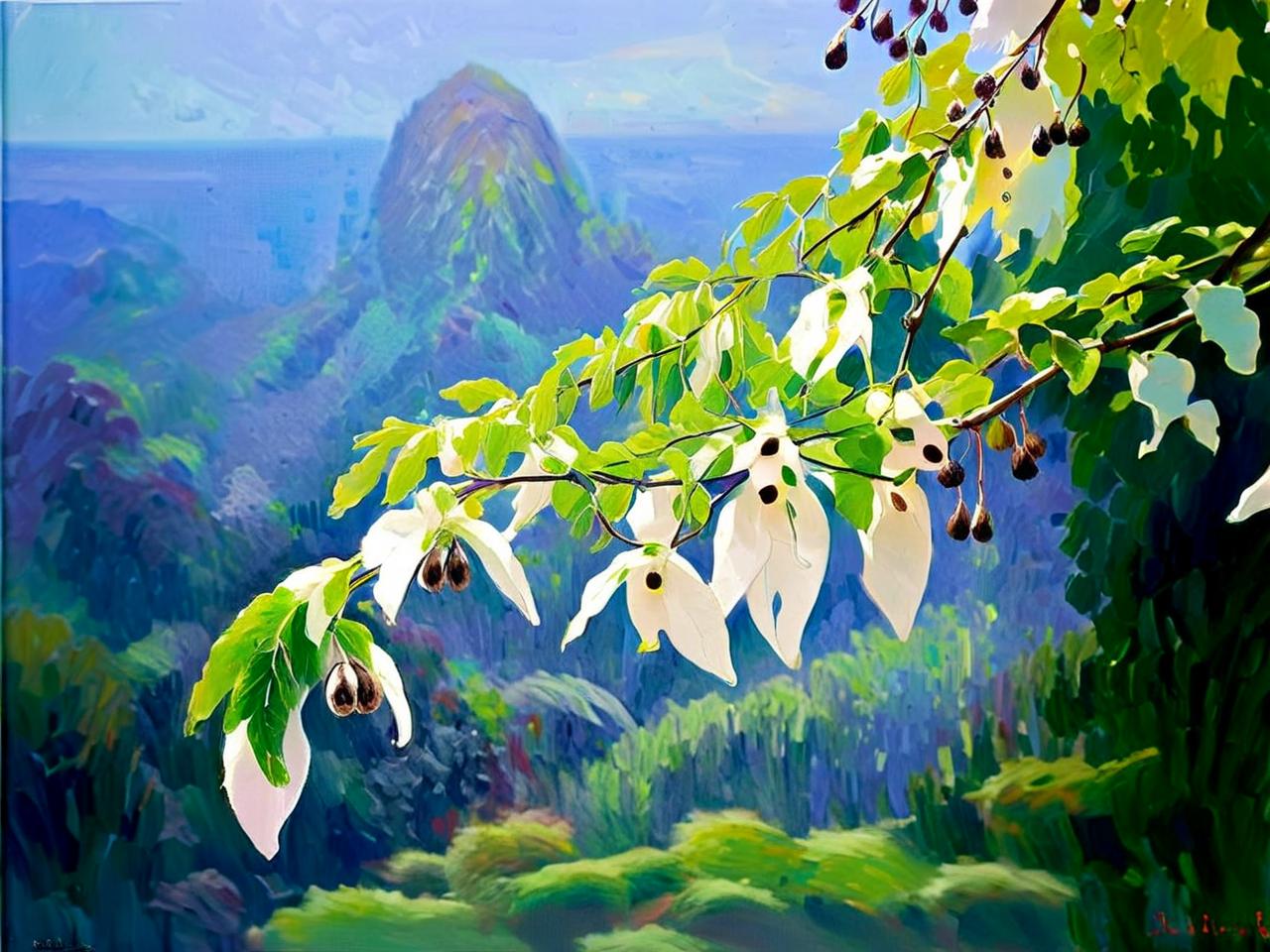 100种花卉系列画,油画鉴赏:珙桐花