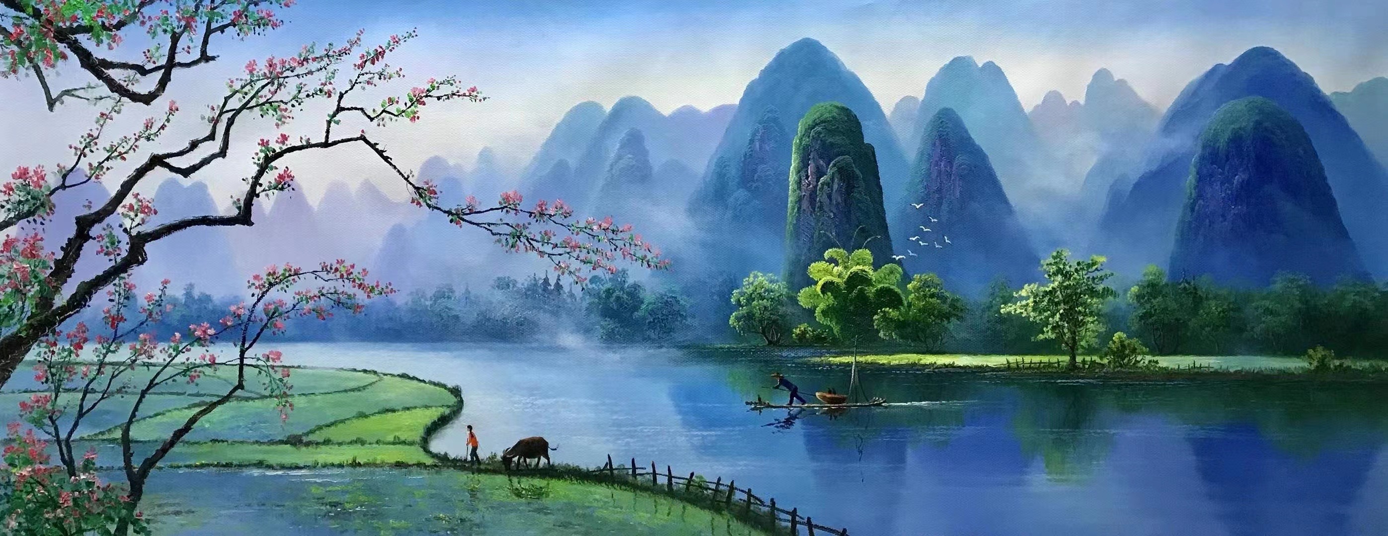 龙蟠是一位生于桂林的实力派画家,以油画形式展现桂林山水之美