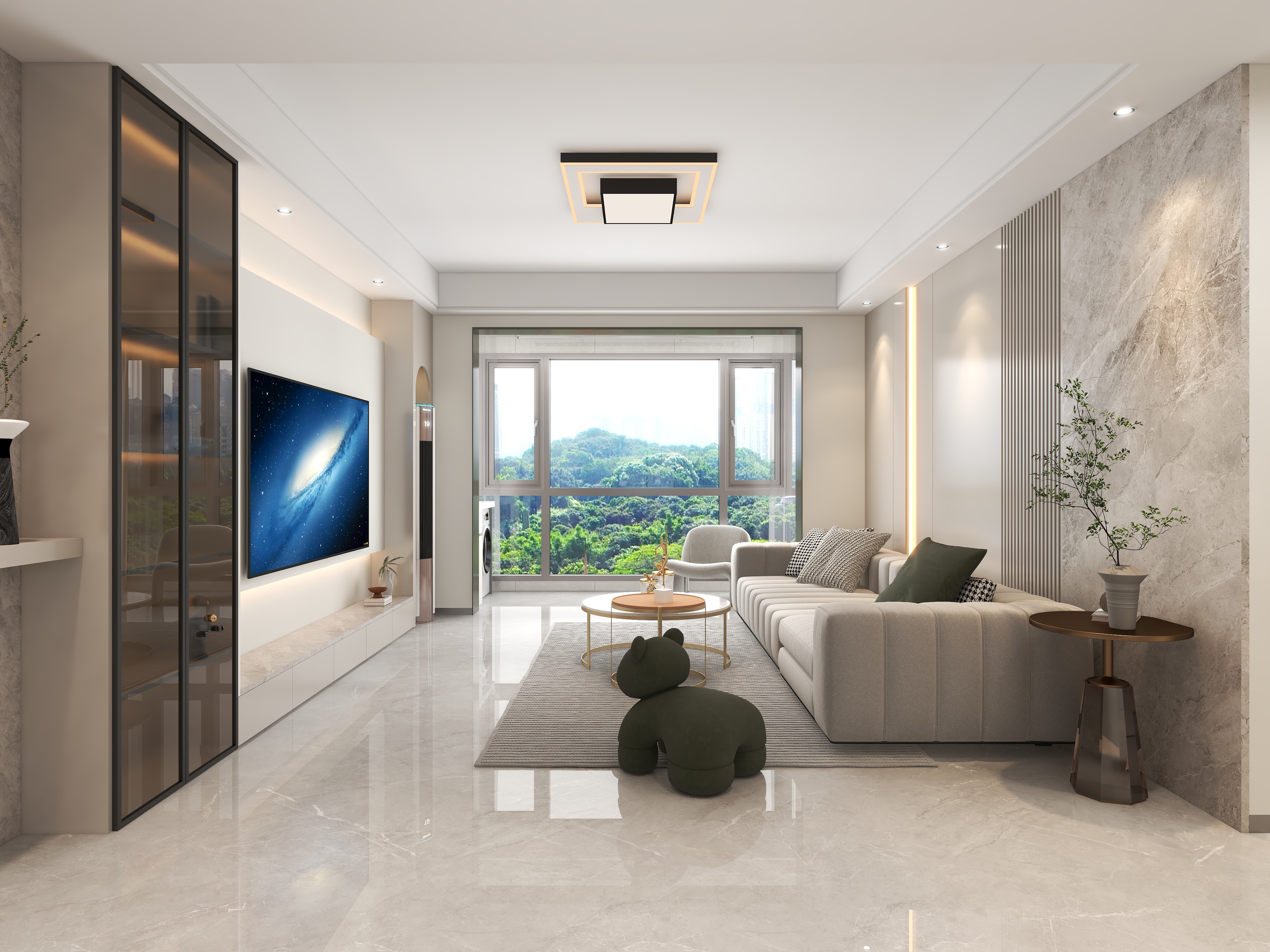 替大家试过了,开间4米的客厅做现代简约装修风格,干净又很耐看