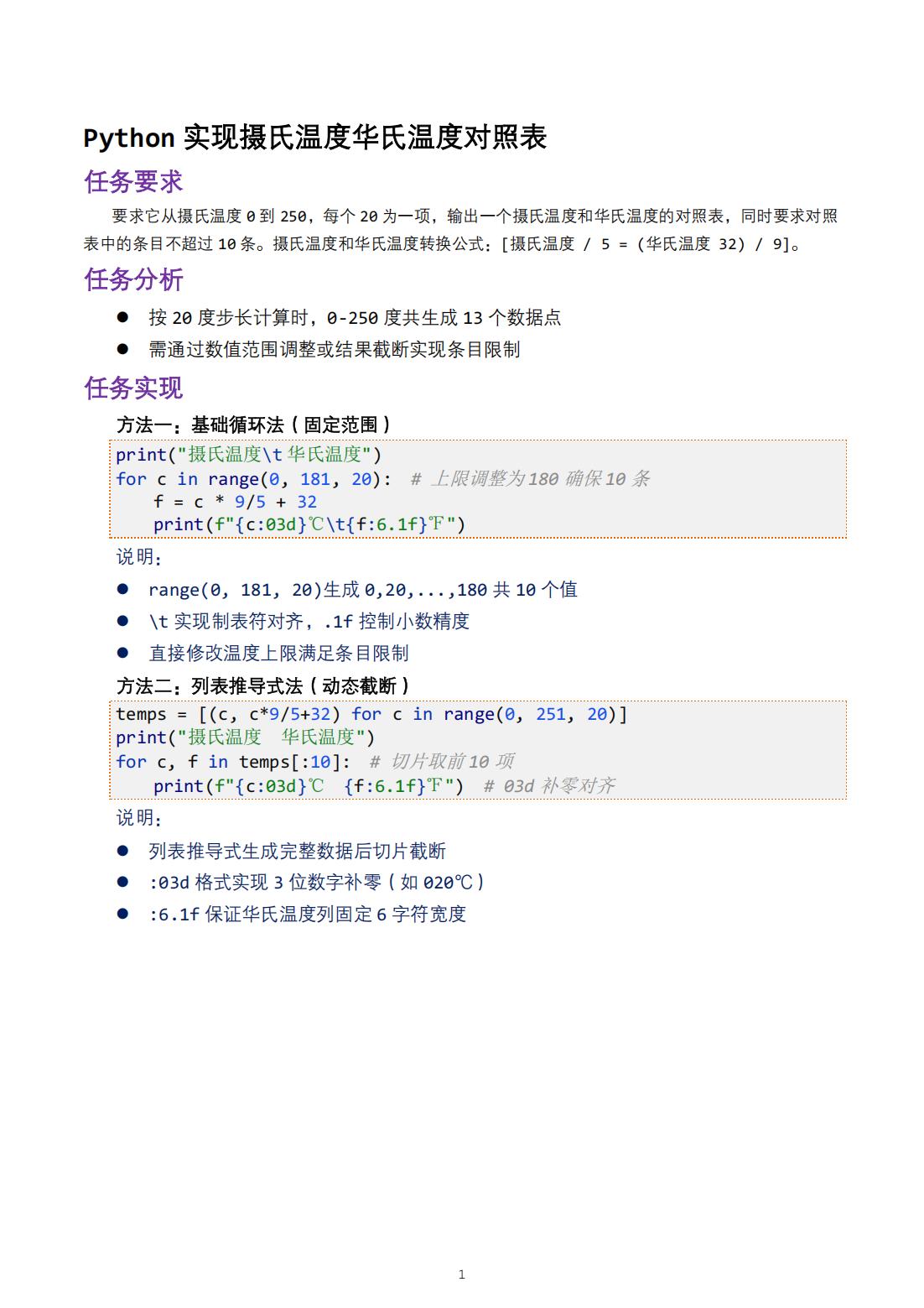 python实现摄氏温度华氏温度对照表