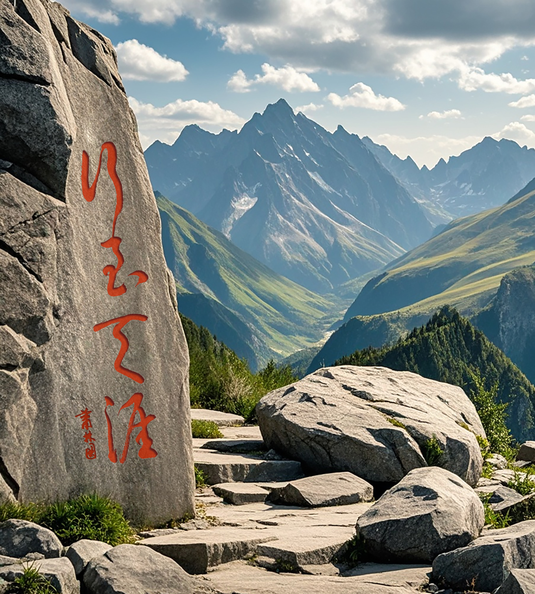 眼前群山的壮美让人感受到大自然的雄浑力量,山顶崖边四字草书,在这