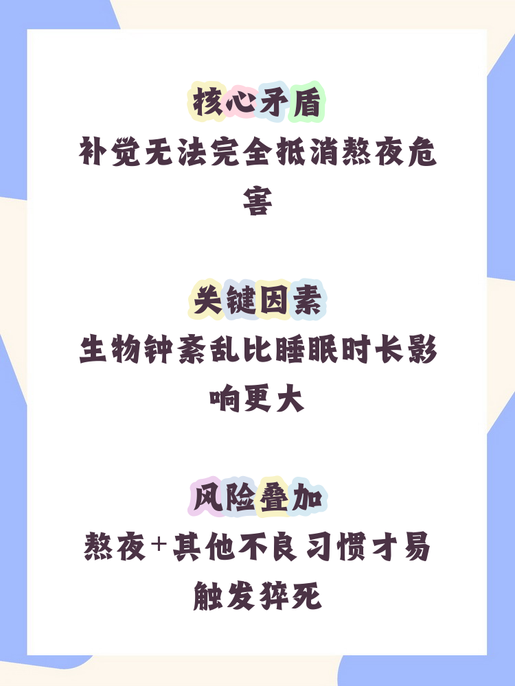 1 生物钟被打乱 熬夜会扰乱人体自然的昼夜节律,即使补够8小时,褪黑