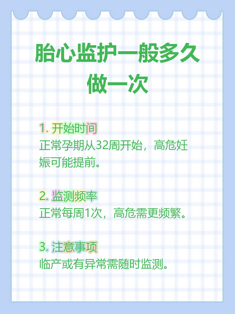 孕晚期开始:一般从32周左右开始,医生会建议定期做胎心监护