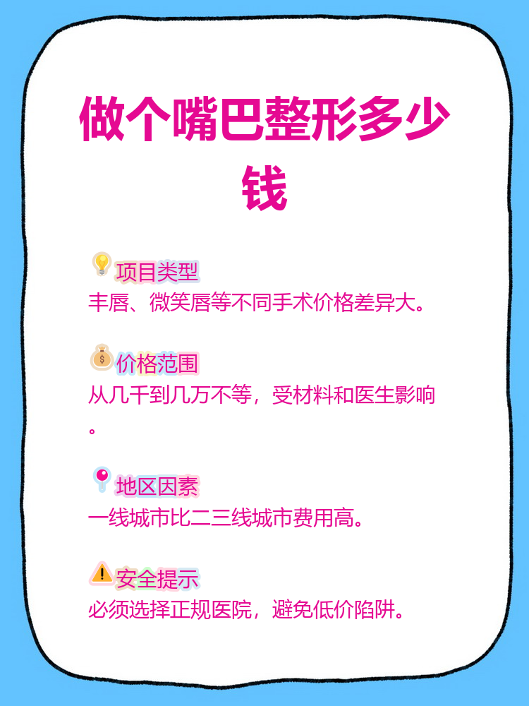 首先,嘴巴整形不是单一项目,它分很多种:丰唇,微笑唇,m唇,嘴角上扬