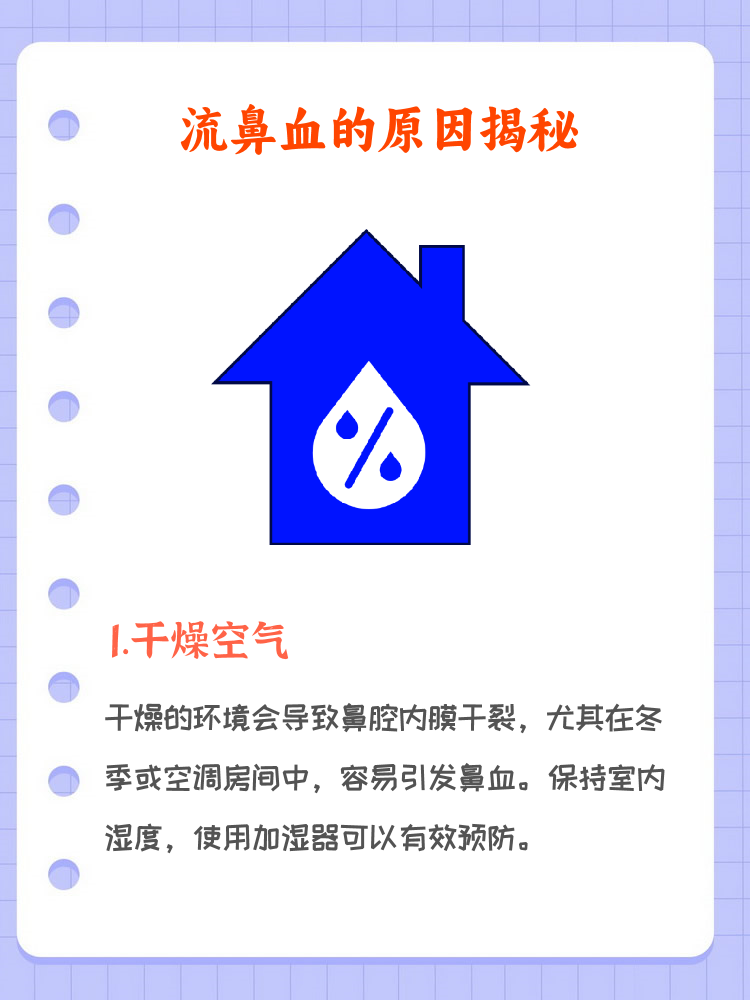鼻子流鼻血是什么原因   1. 干燥空气会导致鼻腔干裂.   2.