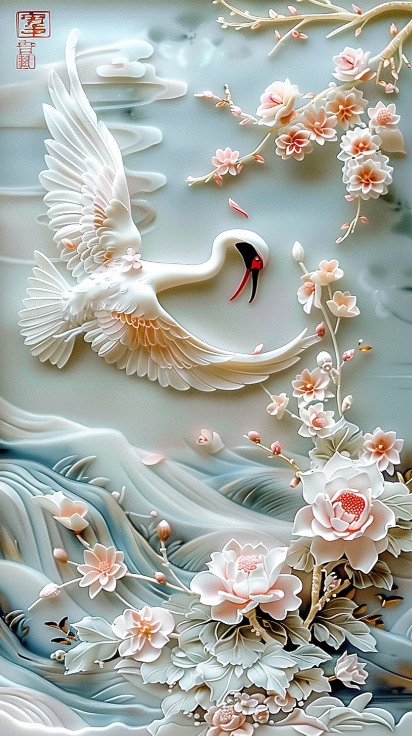 荷花与仙鹤,是东方文化中常见的吉祥图腾
