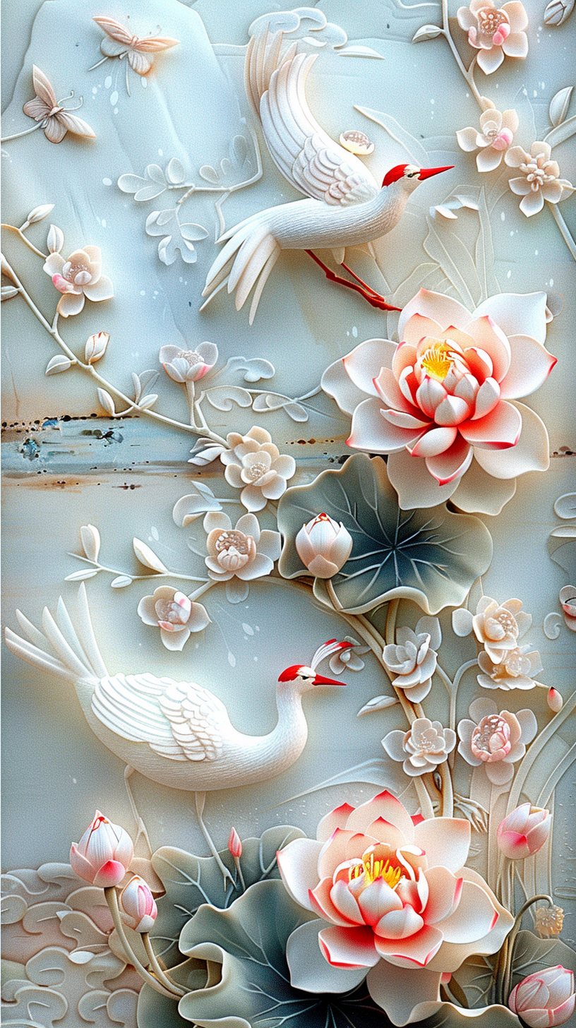 荷花与仙鹤,是东方文化中常见的吉祥图腾