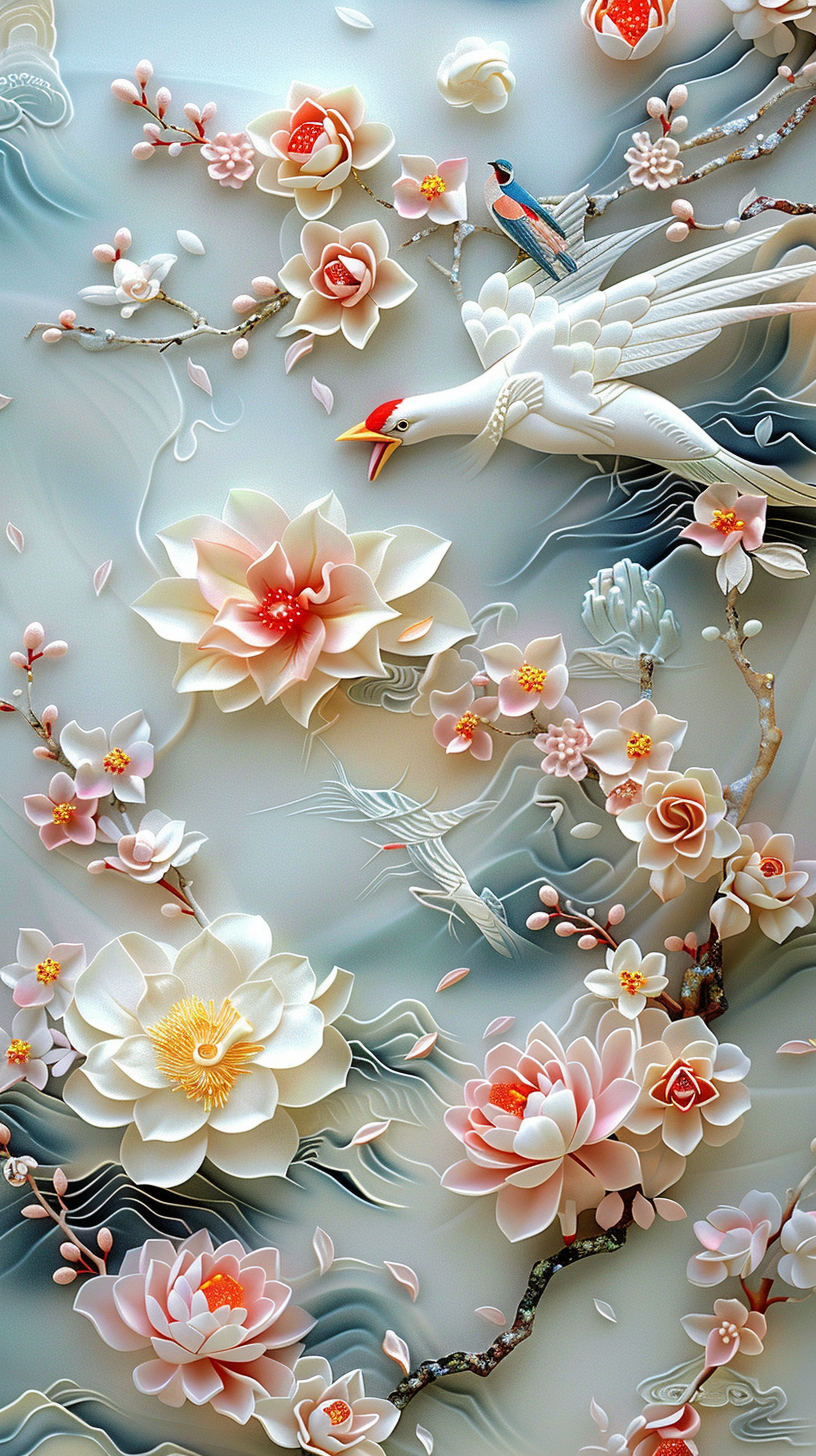 荷花与仙鹤,是东方文化中常见的吉祥图腾