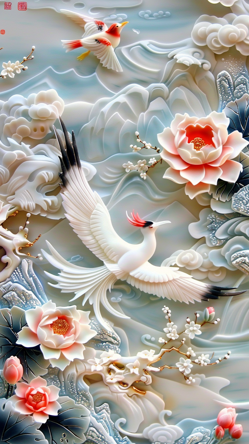 荷花与仙鹤,是东方文化中常见的吉祥图腾