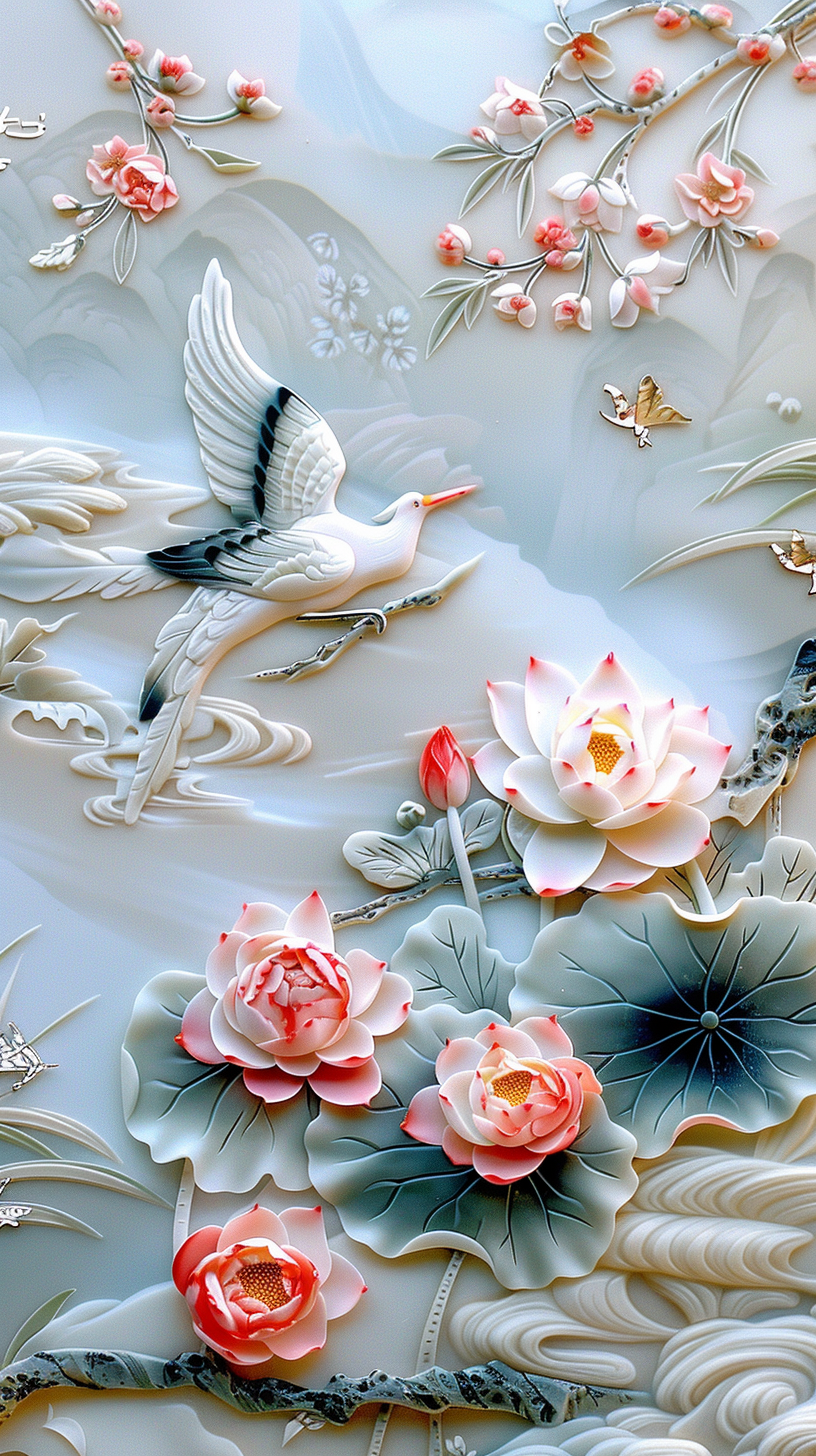 荷花与仙鹤,是东方文化中常见的吉祥图腾