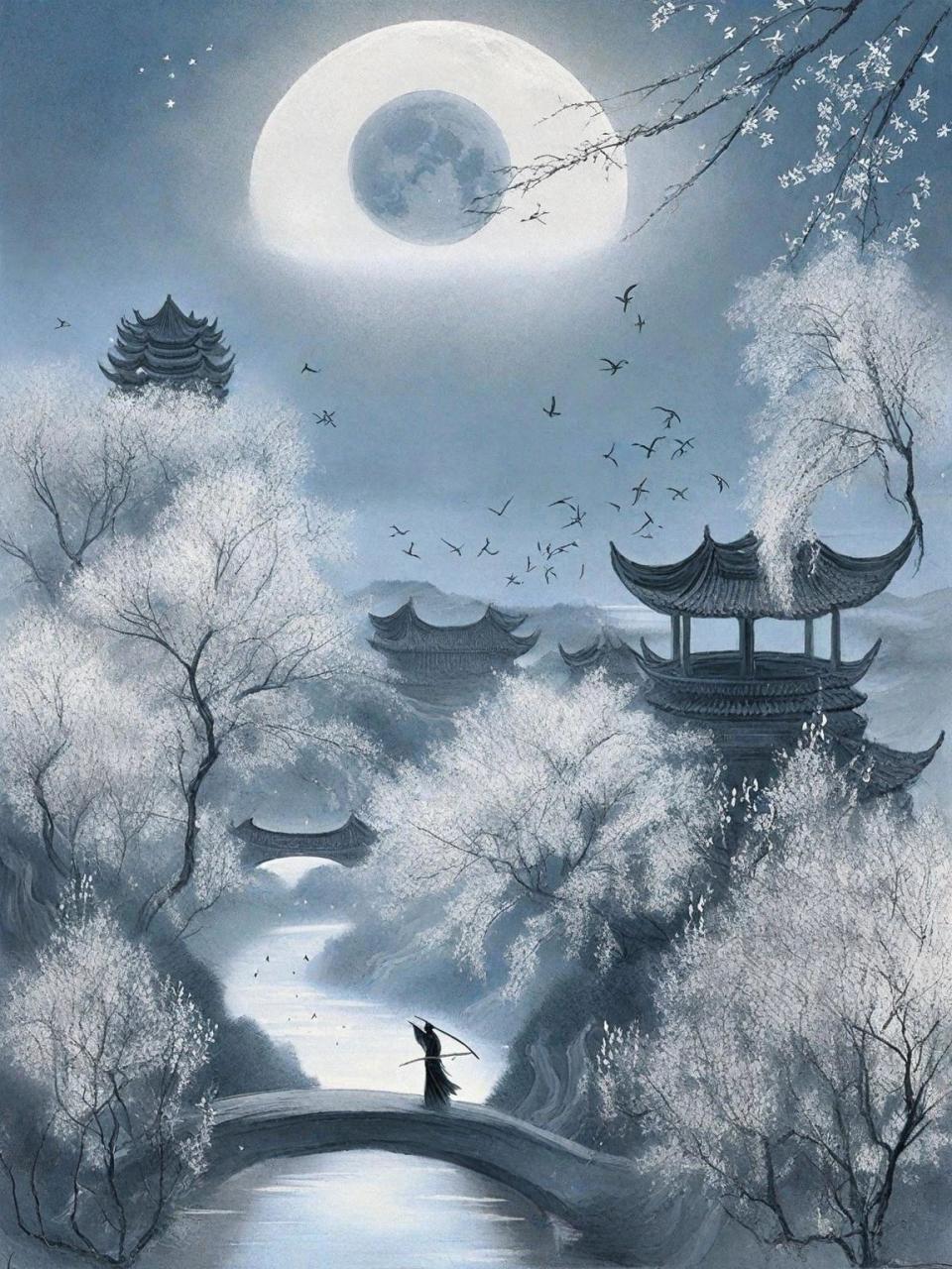 不禁一往情深深几许,深山夕照深秋雨古风图在乌雪飘飞的奈何桥上孤影