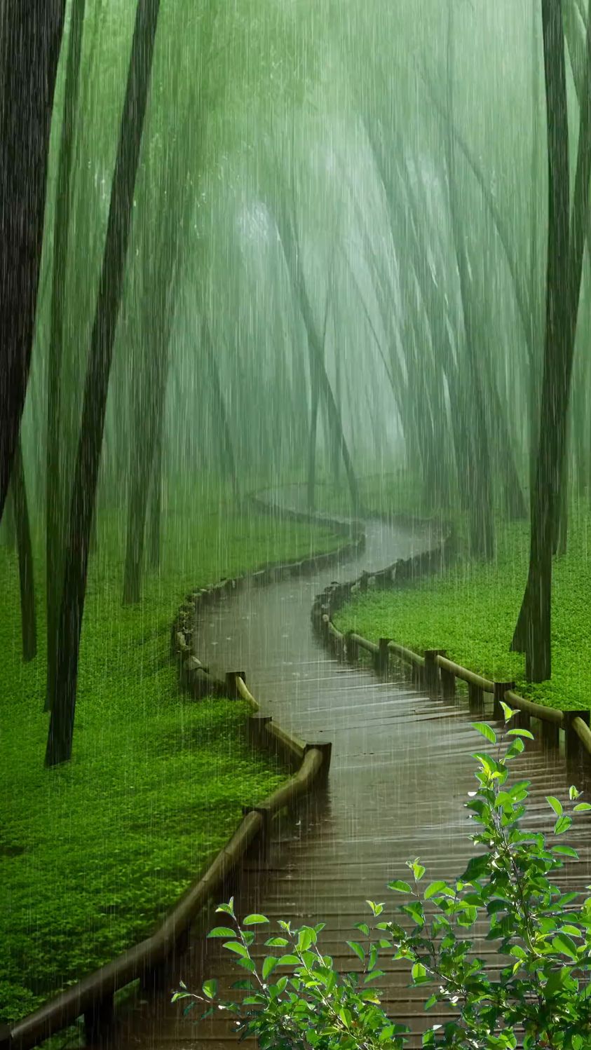 细雨纷纷洒丛林,烟雨蒙蒙曲径深,此景不应来打扰,尽头肯定有仙人.