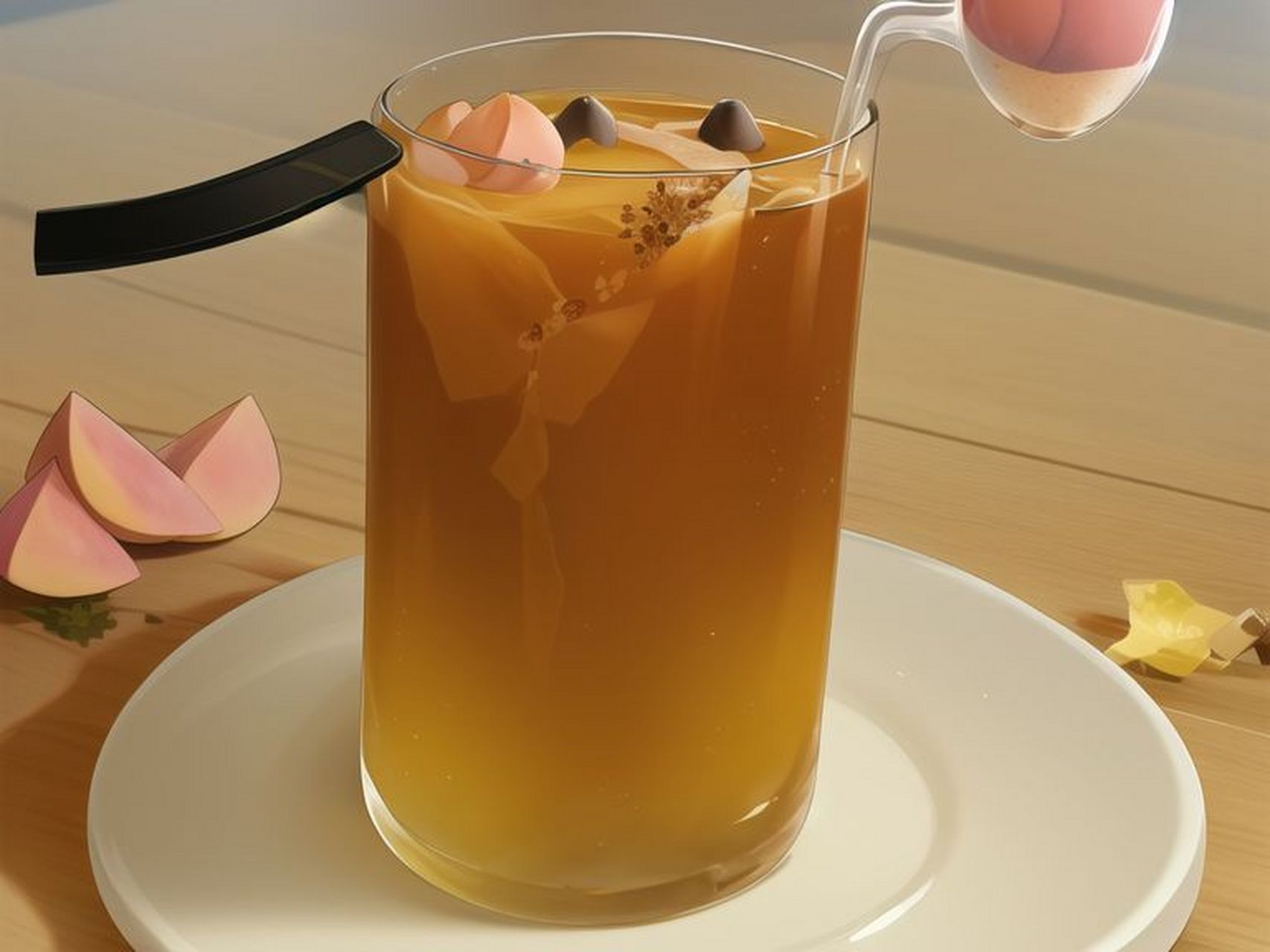 摇桃桃乌龙  用适量冰块打底,加入体积2/3浓缩桃子汁,再倒入1/3乌龙茶