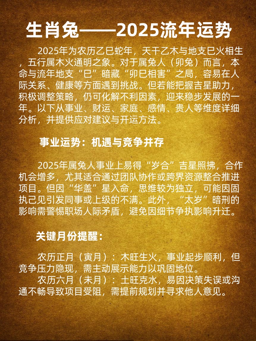 生肖运势2025年兔(2025年属兔人的全年运势每月运势)